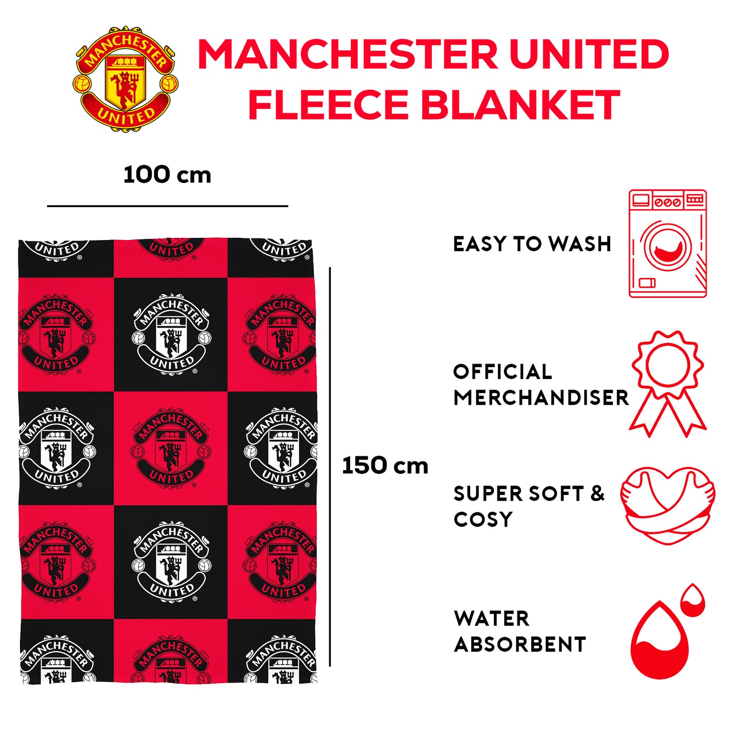 Manchester United FC Check Fleece Blanket - 100 x 150cm